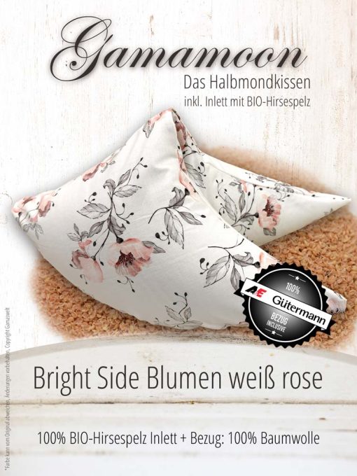 Gamamoon Bright Side Blumen weiss rose Hirsespelzkissen